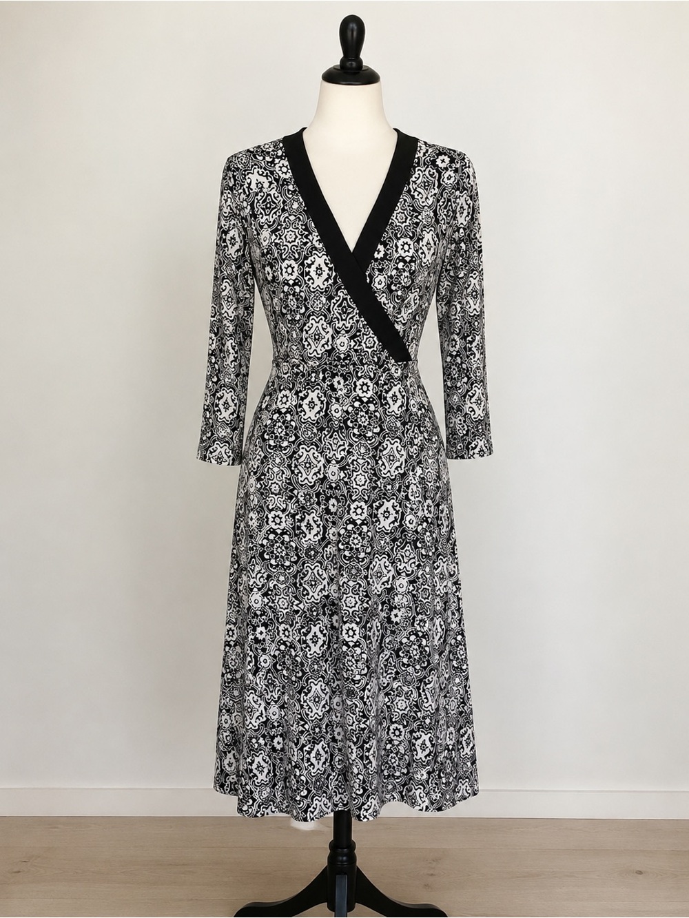 Tahari Black and White Long Sleeve Wrap Dress